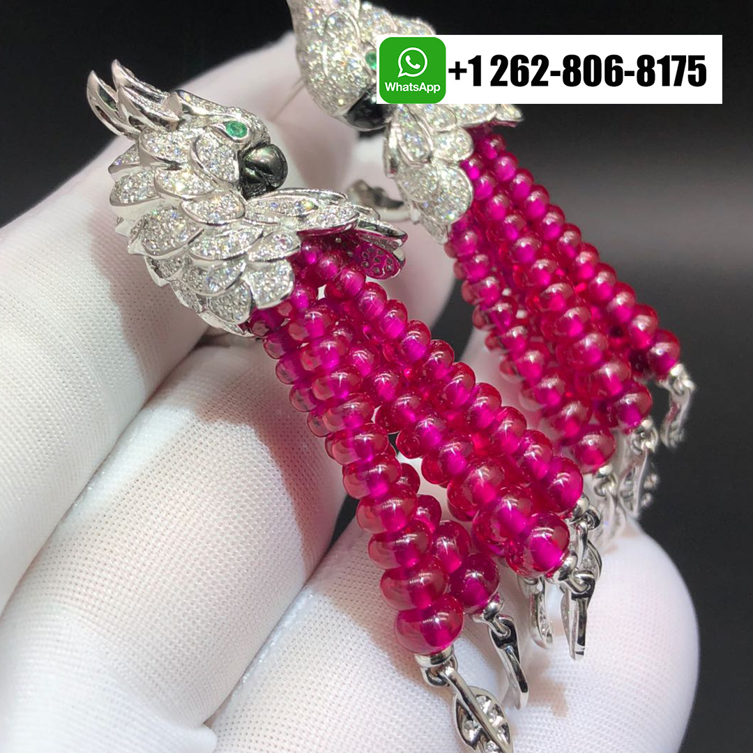 Cartier Les Oiseaux Libérés Tassels High Jewelry Parrot Earrings in 18k White Gold Pave Diamond Ruby Beads