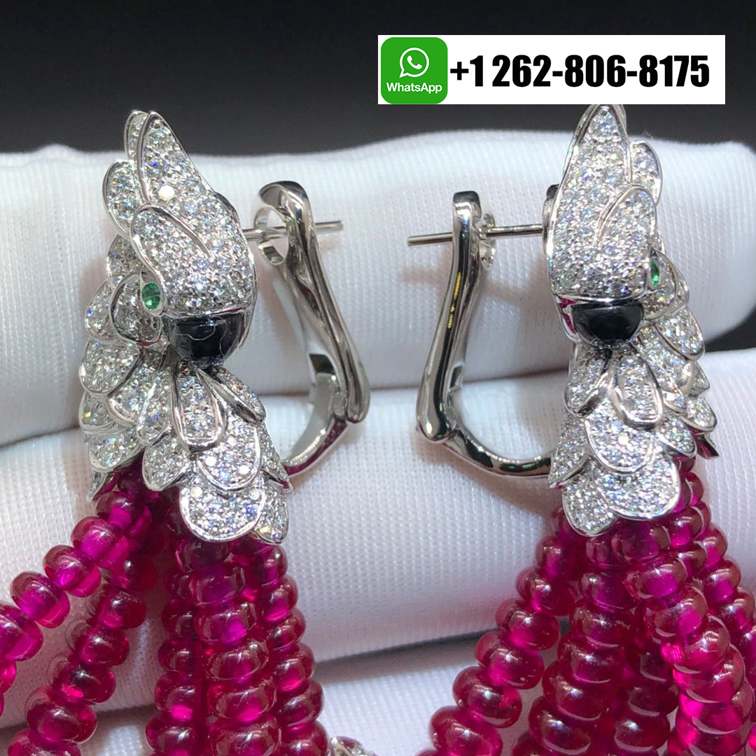 Cartier Les Oiseaux Libérés Tassels High Jewelry Parrot Earrings in 18k White Gold Pave Diamond Ruby Beads