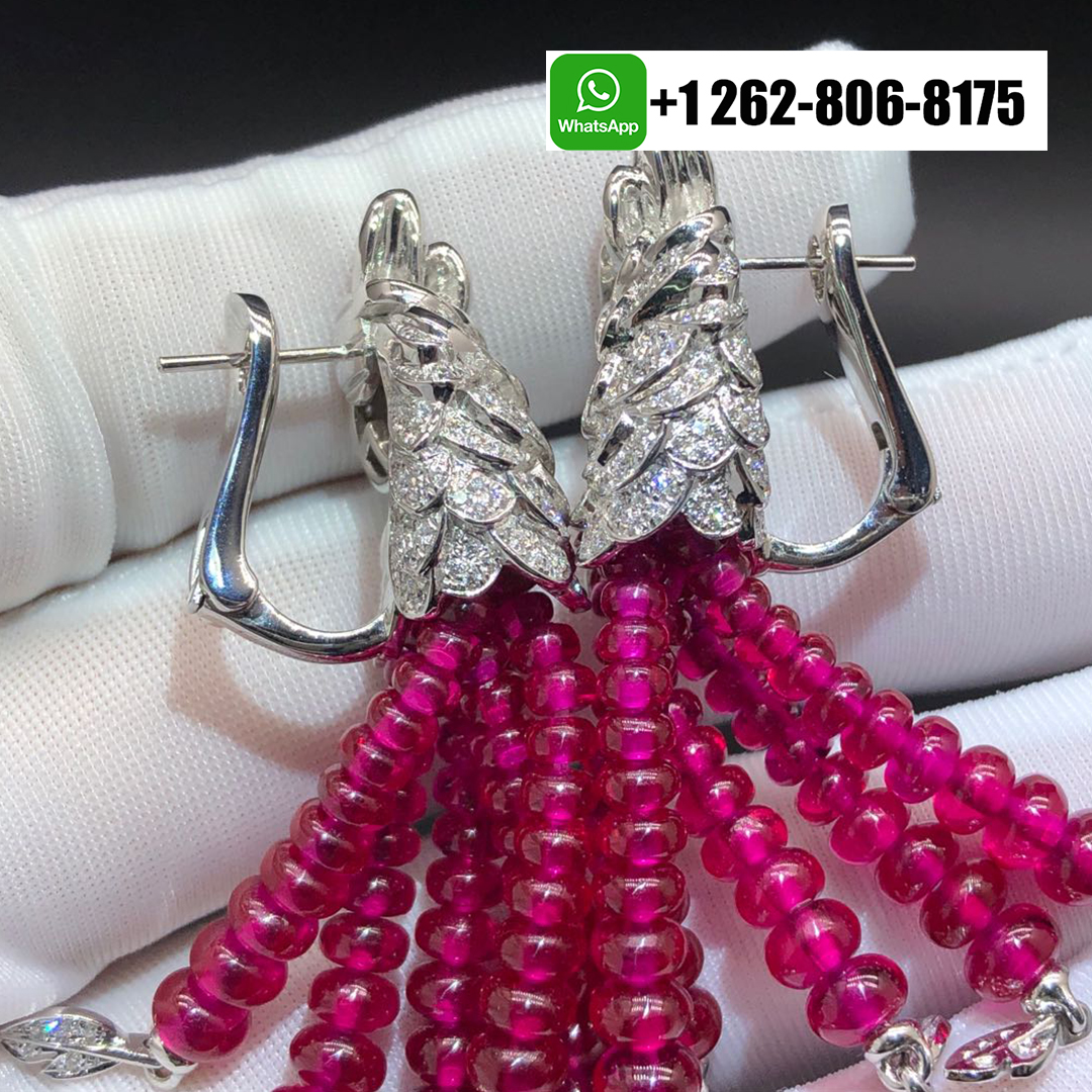 Cartier Les Oiseaux Libérés Tassels High Jewelry Parrot Earrings in 18k White Gold Pave Diamond Ruby Beads