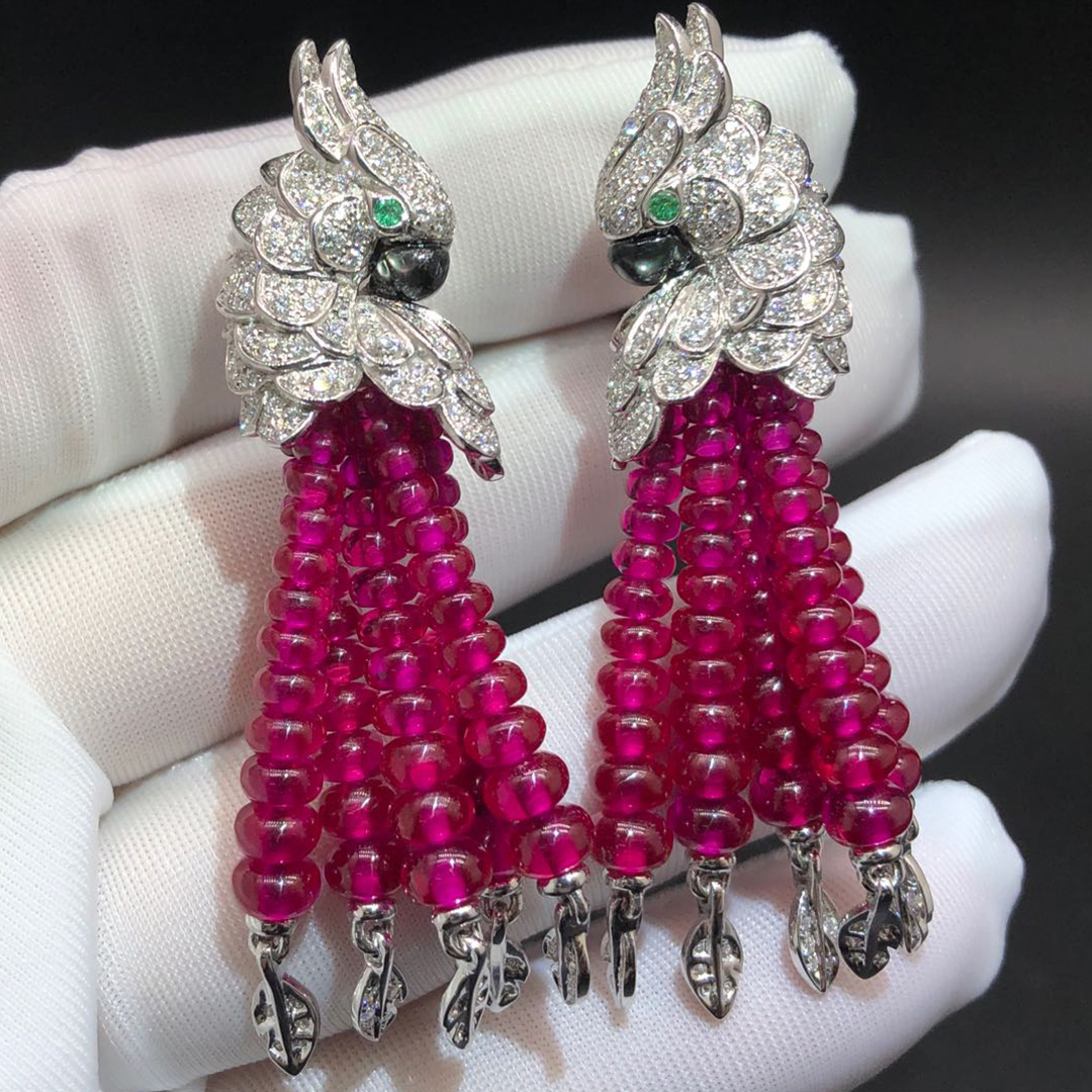 Cartier Les Oiseaux Libérés Tassels High Jewelry Parrot Earrings in 18k White Gold Pave Diamond Ruby Beads