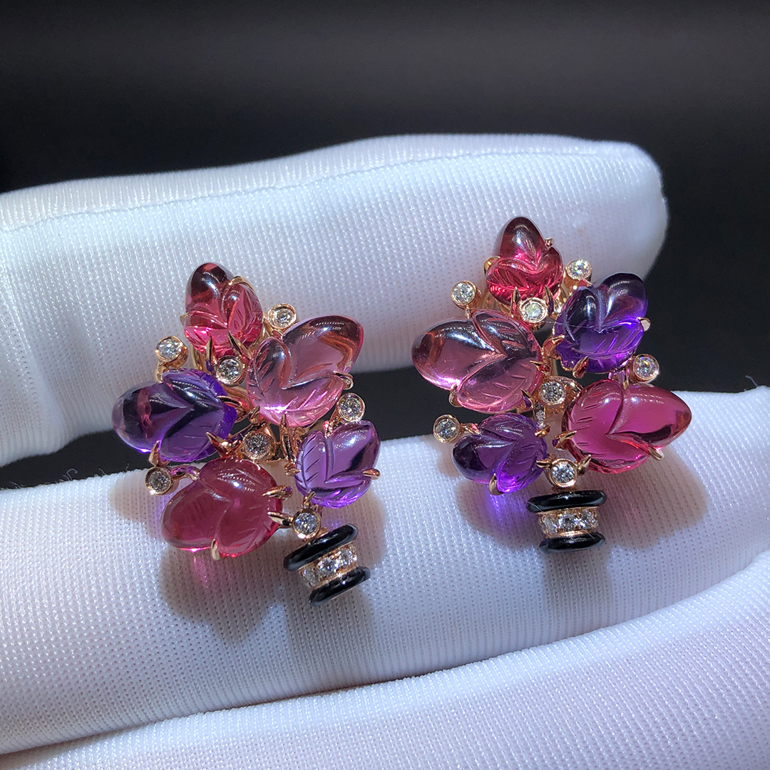 Cartier Pierrs Gravees Engraved Gems Tutti Frutti 18k Rose Gold High Jewelry Earrings H8000262