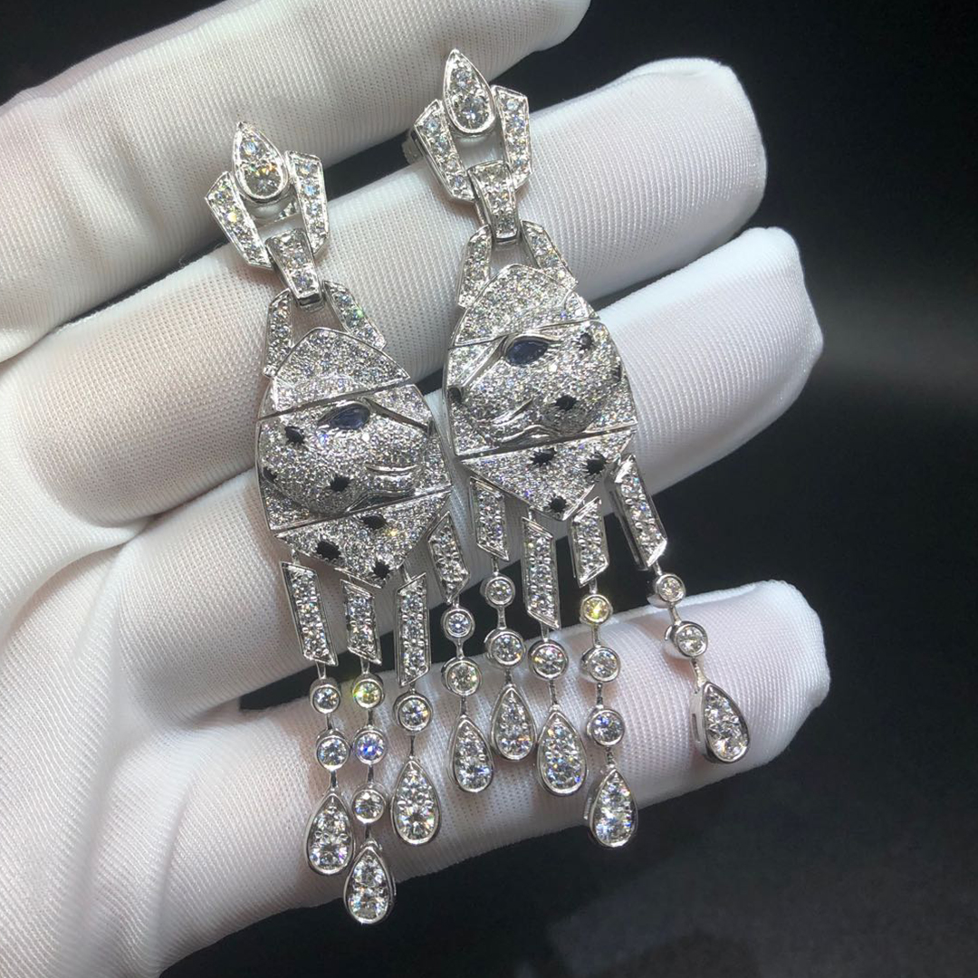 Cartier Platinum Panthère de Cartier Sapphire Emeralds Pave Diamonds High Jewelry Tassels Earrings