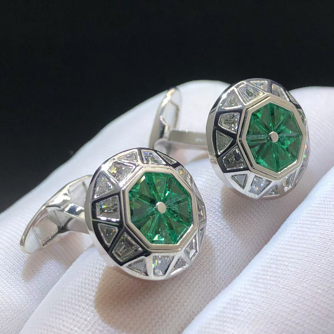 Graff Faceted Diamonds and Emeralds Men’s Cufflinks 18k White Gold