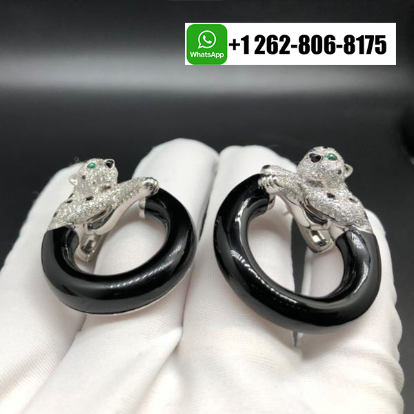 Panthere de Cartier Hoop Earrings in 18k White Gold Onyx Emeralds