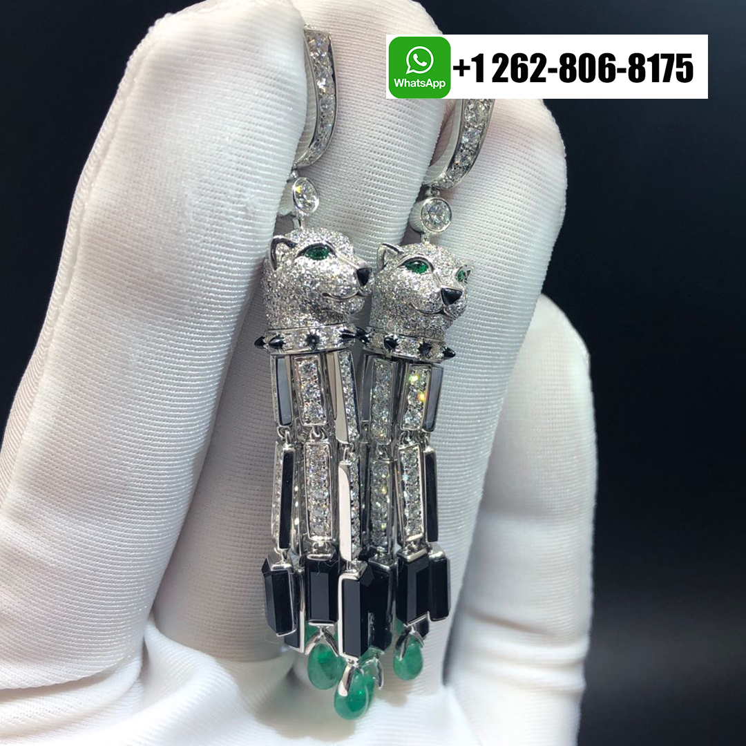 Panthère de Cartier Pave Diamonds High Jewelry Tassels Earrings in 18k White Gold with Emeralds and Onyx HP800976