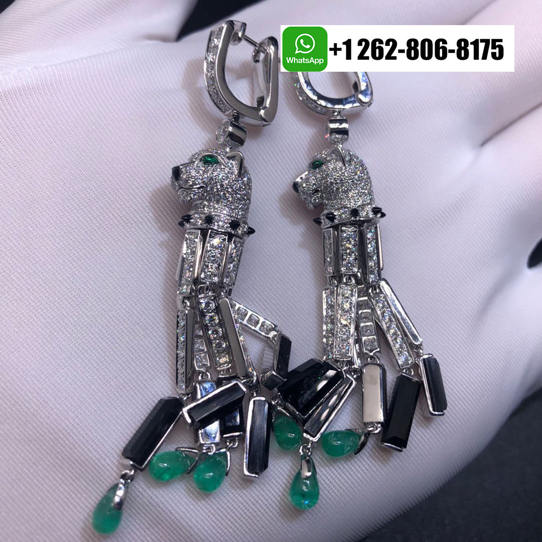 Panthère de Cartier Pave Diamonds High Jewelry Tassels Earrings in 18k White Gold with Emeralds and Onyx HP800976