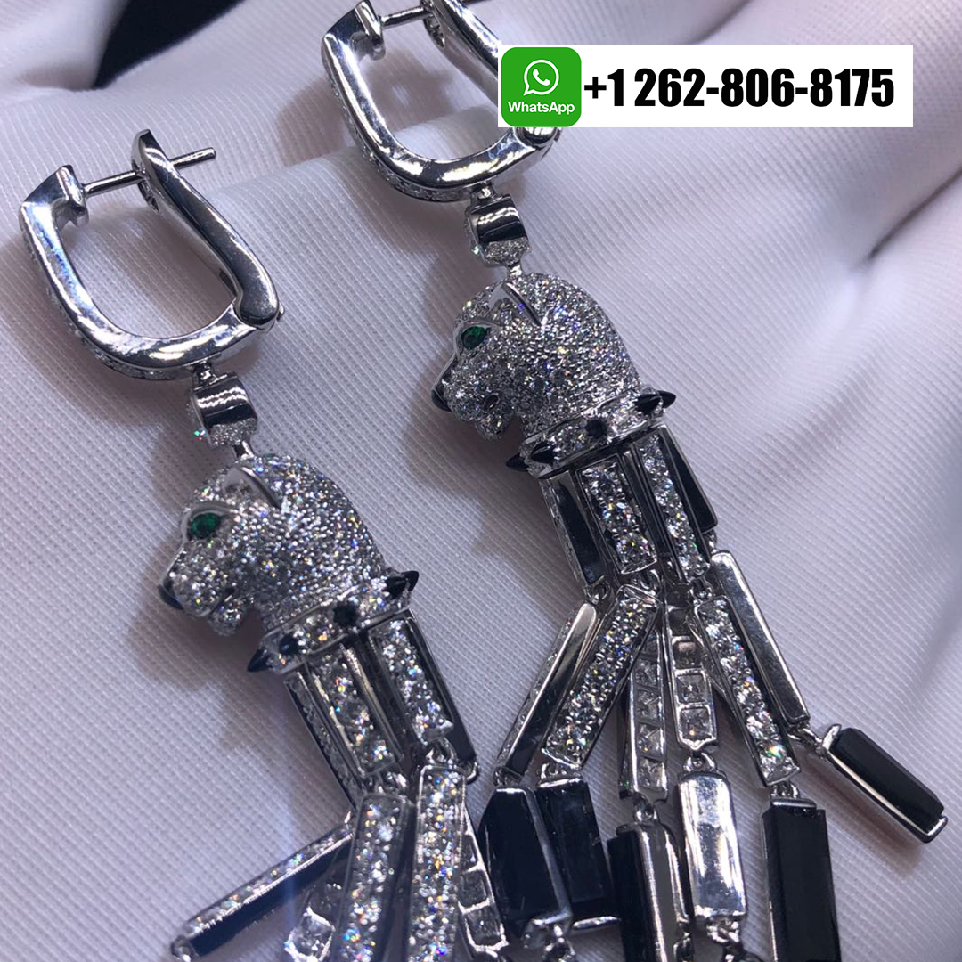 Panthère de Cartier Pave Diamonds High Jewelry Tassels Earrings in 18k White Gold with Emeralds and Onyx HP800976