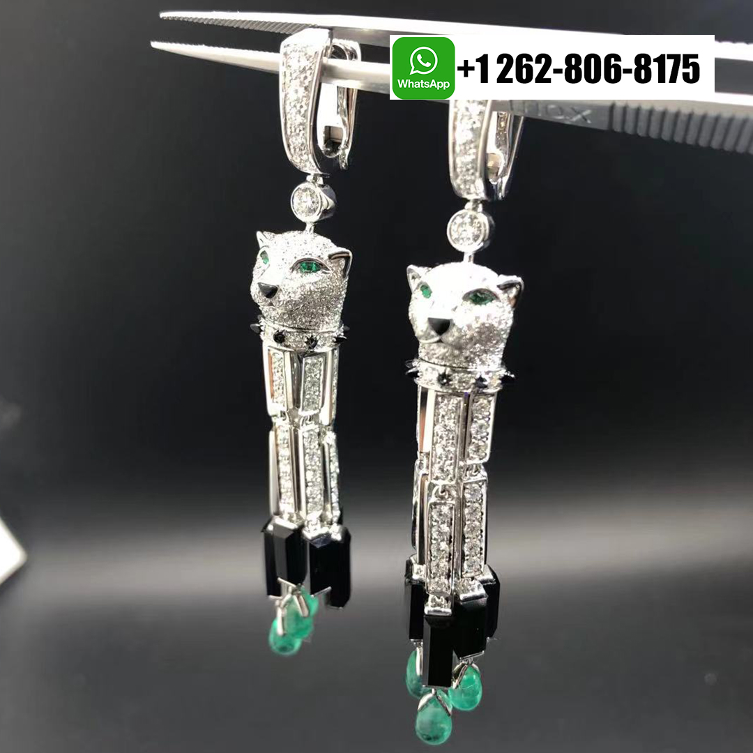 Panthère de Cartier Pave Diamonds High Jewelry Tassels Earrings in 18k White Gold with Emeralds and Onyx HP800976