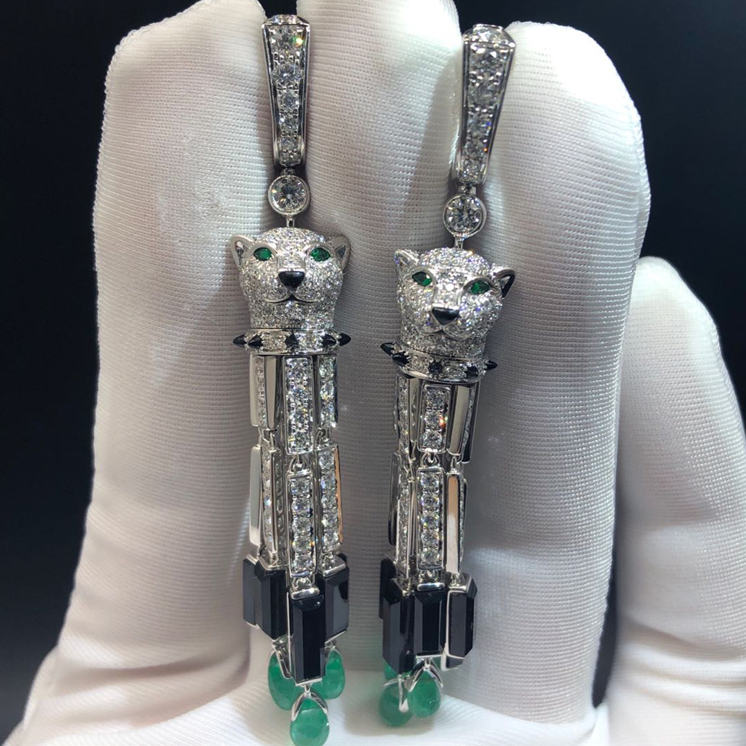 Panthère de Cartier Pave Diamonds High Jewelry Tassels Earrings in 18k White Gold with Emeralds and Onyx HP800976