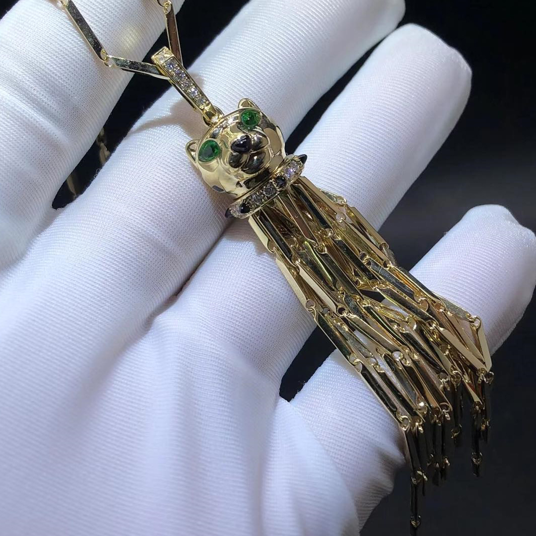 Panthère de Cartier Tassel Long Necklace 18k Yellow Gold with Diamonds, Black Lacquer, Emeralds, Onyx N7051000