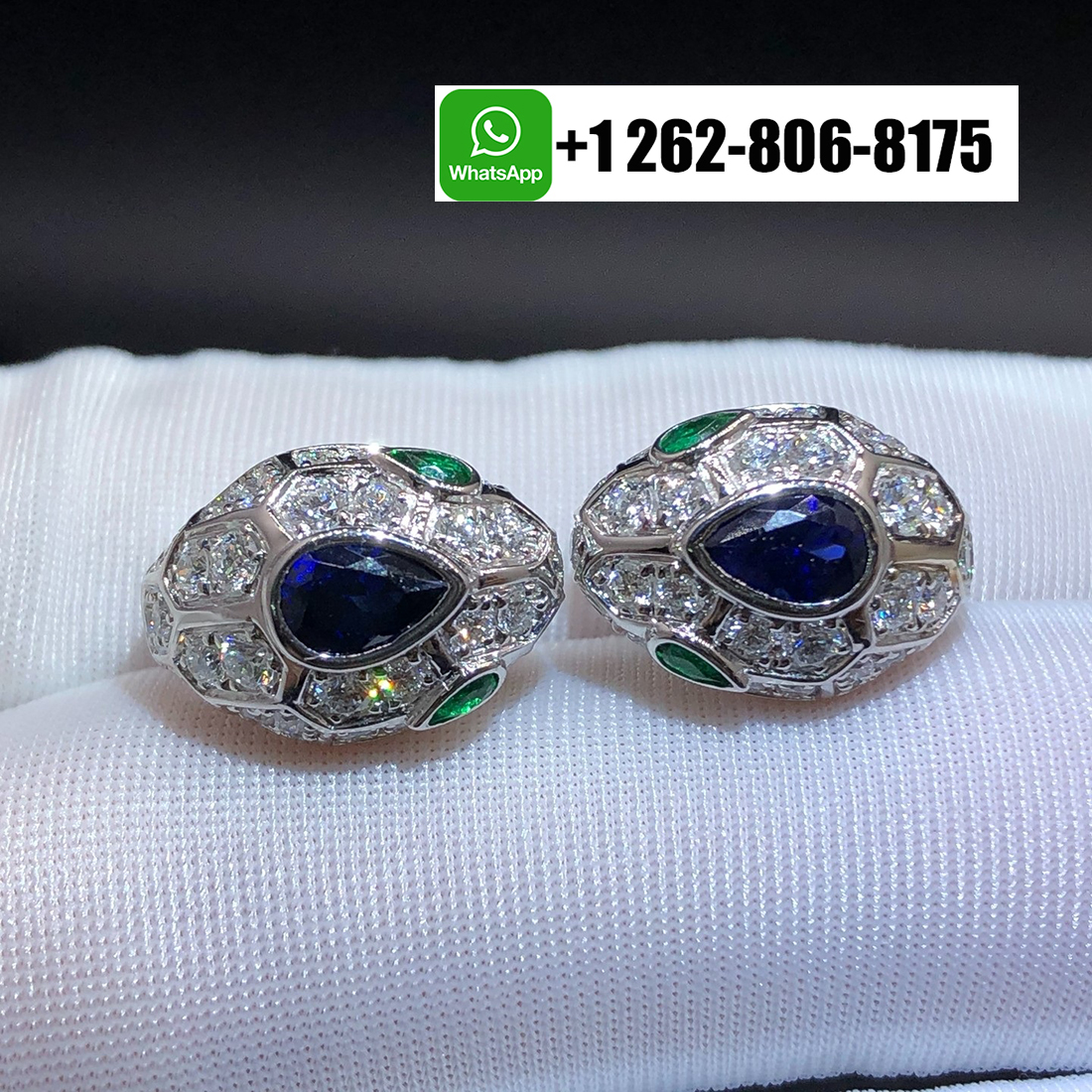 Bvlgari 18k White Gold Serpenti Seduttori Earrings Full Pavé Diamonds, Emeralds and Blue Sapphire 355355