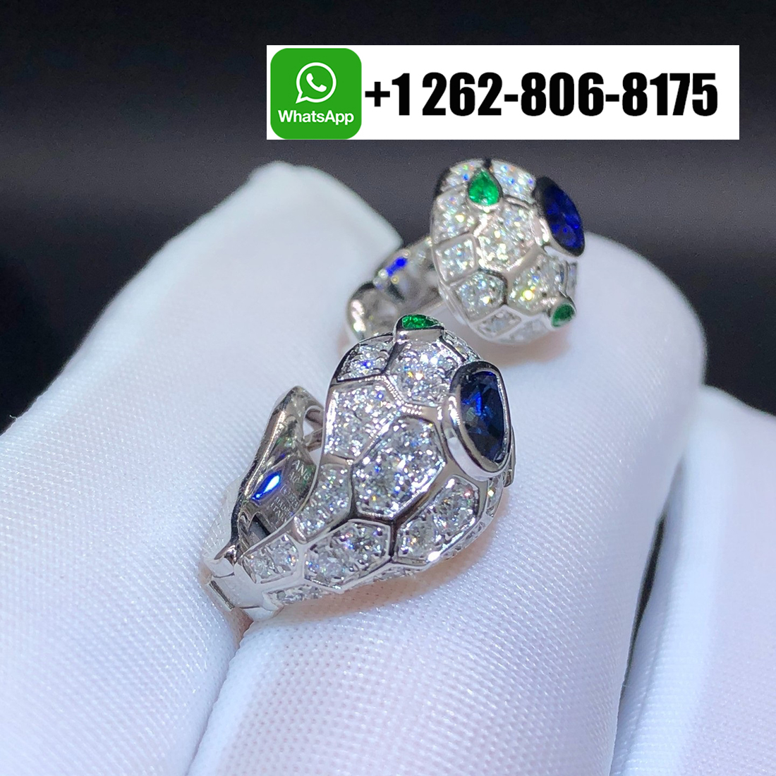 Bvlgari 18k White Gold Serpenti Seduttori Earrings Full Pavé Diamonds, Emeralds and Blue Sapphire 355355