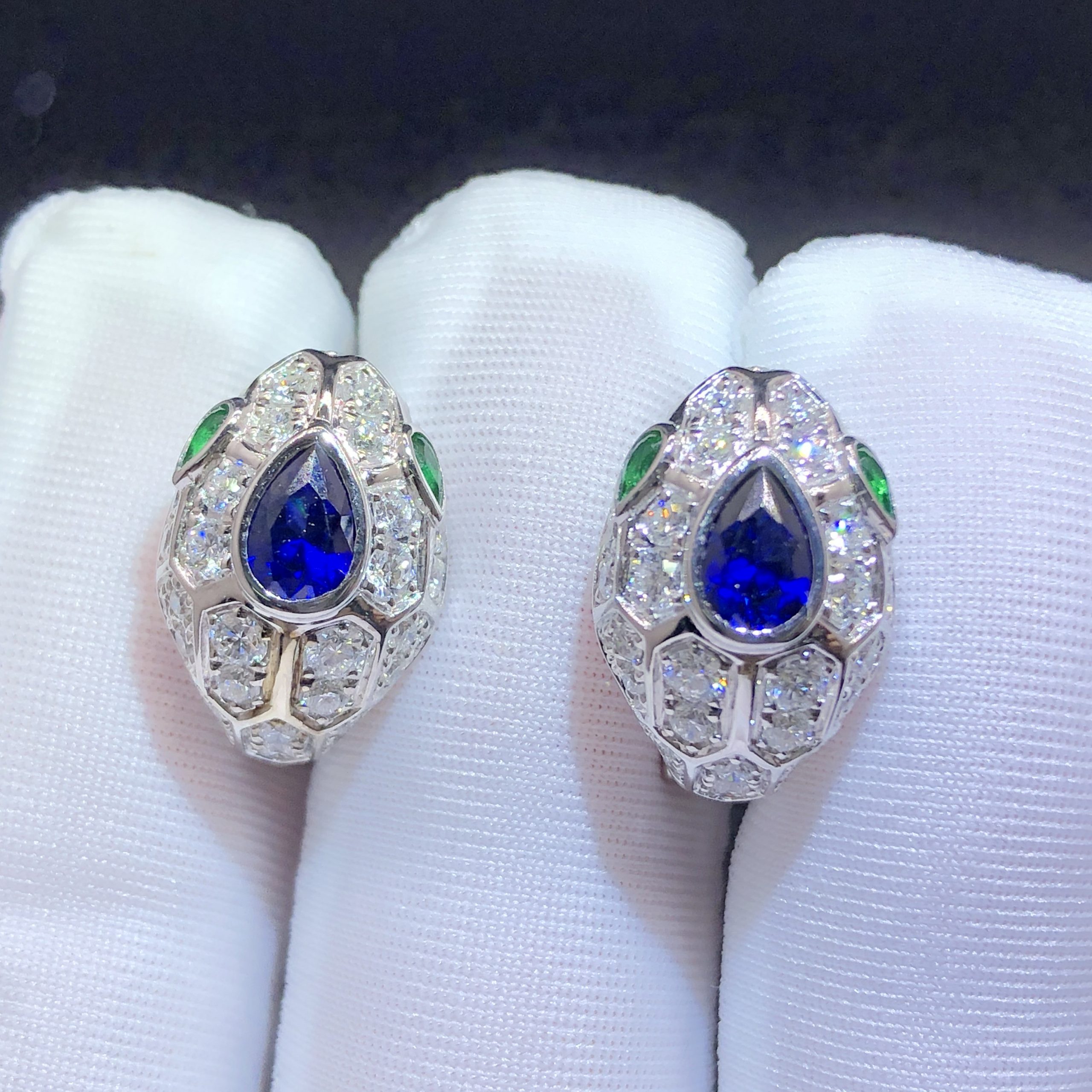 Bvlgari 18k White Gold Serpenti Seduttori Earrings Full Pavé Diamonds, Emeralds and Blue Sapphire 355355