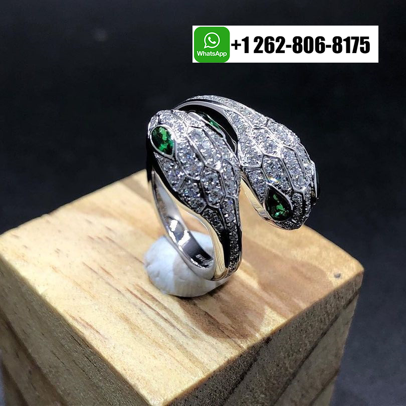 Bvlgari 18k White Gold Serpenti Seduttori Ring Pave Diamonds with Emerald Eyes 358077