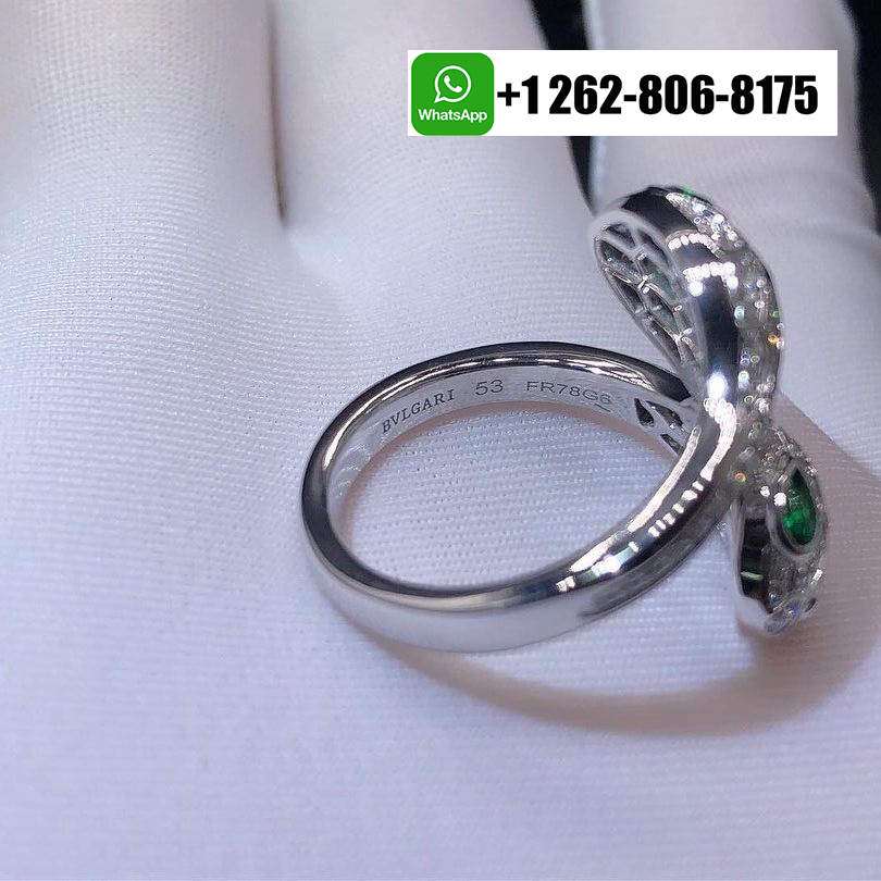 Bvlgari 18k White Gold Serpenti Seduttori Ring Pave Diamonds with Emerald Eyes 358077