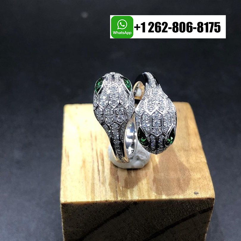 Bvlgari 18k White Gold Serpenti Seduttori Ring Pave Diamonds with Emerald Eyes 358077