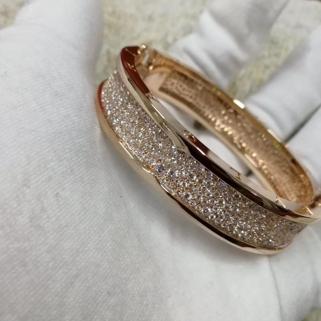 Bvlgari B.Zero1 Pave Diamond 18k Rose Gold Wide Bangle Bracelet