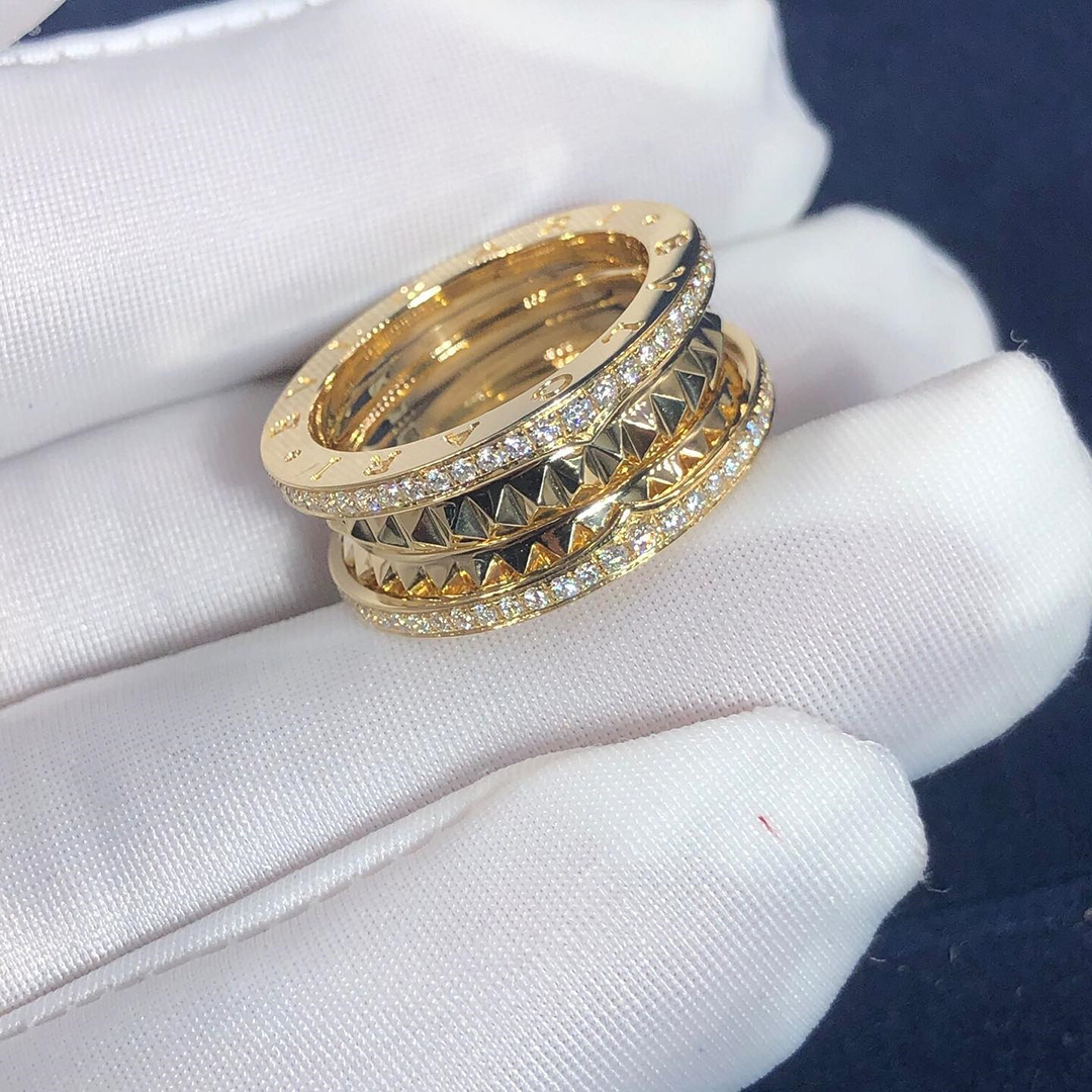 Bvlgari B.zero1 Rock Two-band 18k Yellow Gold Ring with Studded Spiral and Pavé Diamonds 358026