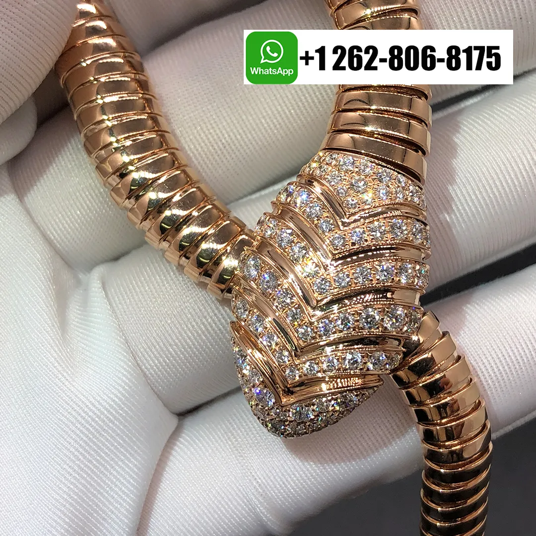 Bvlgari Serpenti 18k Rose Gold Flexible Tubogas Necklace with Pave Diamonds 350680
