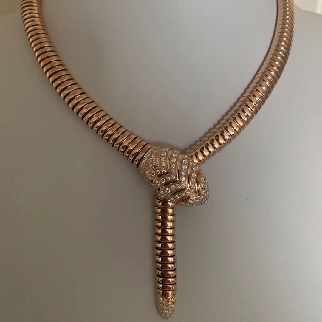 Bvlgari Serpenti 18k Rose Gold Flexible Tubogas Necklace with Pave Diamonds 350680