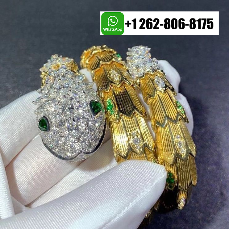 Bvlgari Serpenti 18k Yellow and White Gold 18.96ct Diamond and Emerald High Jewelry Bracelet