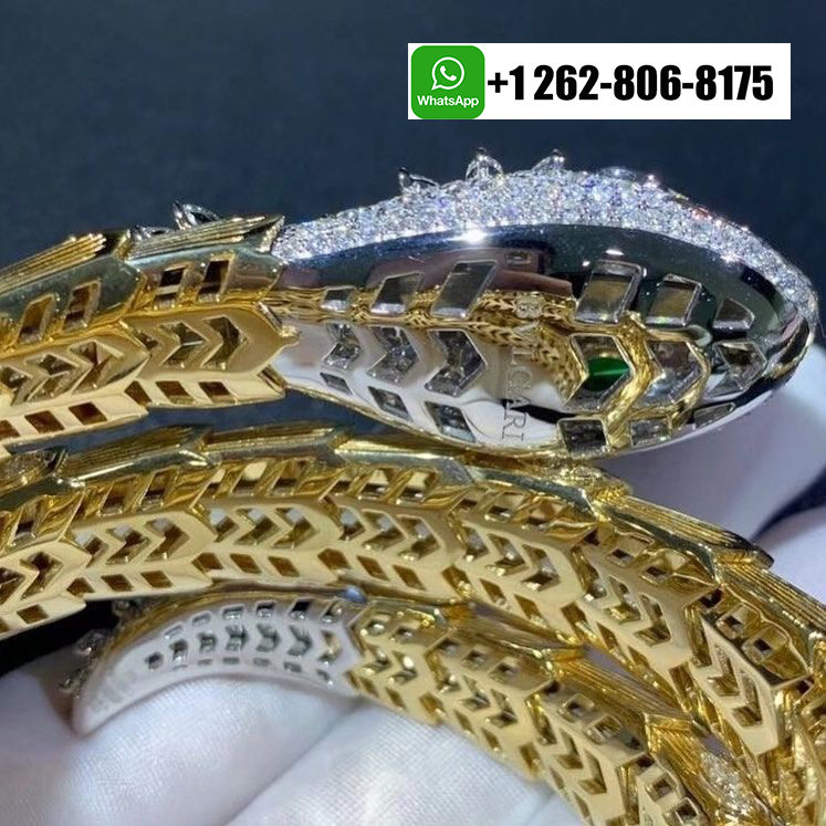 Bvlgari Serpenti 18k Yellow and White Gold 18.96ct Diamond and Emerald High Jewelry Bracelet
