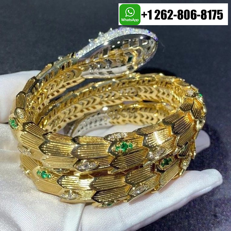 Bvlgari Serpenti 18k Yellow and White Gold 18.96ct Diamond and Emerald High Jewelry Bracelet