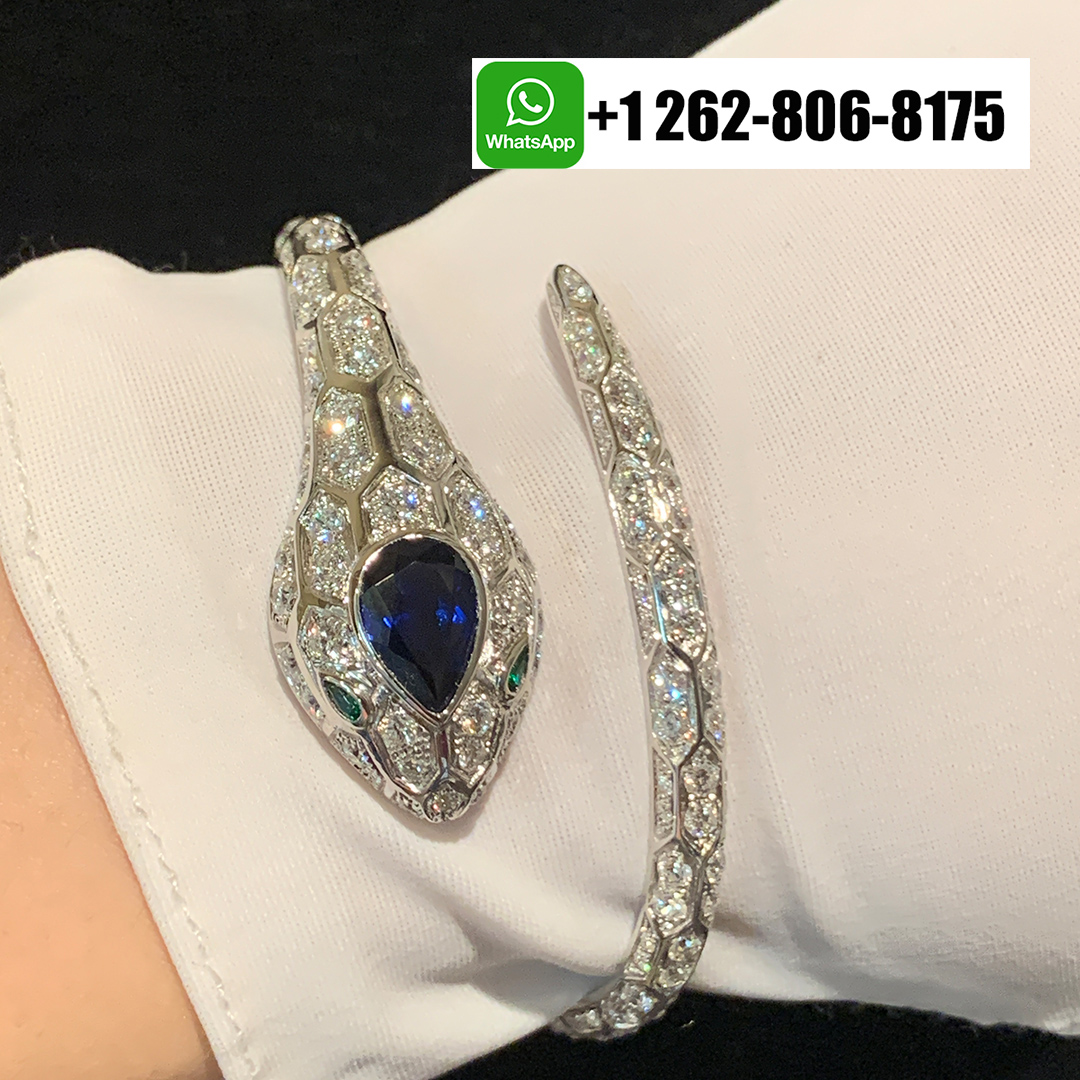 Bvlgari Serpenti Seduttori Full Pavé Diamonds Bracelet 18k White Gold with Emerald Eyes and Blue Sapphire