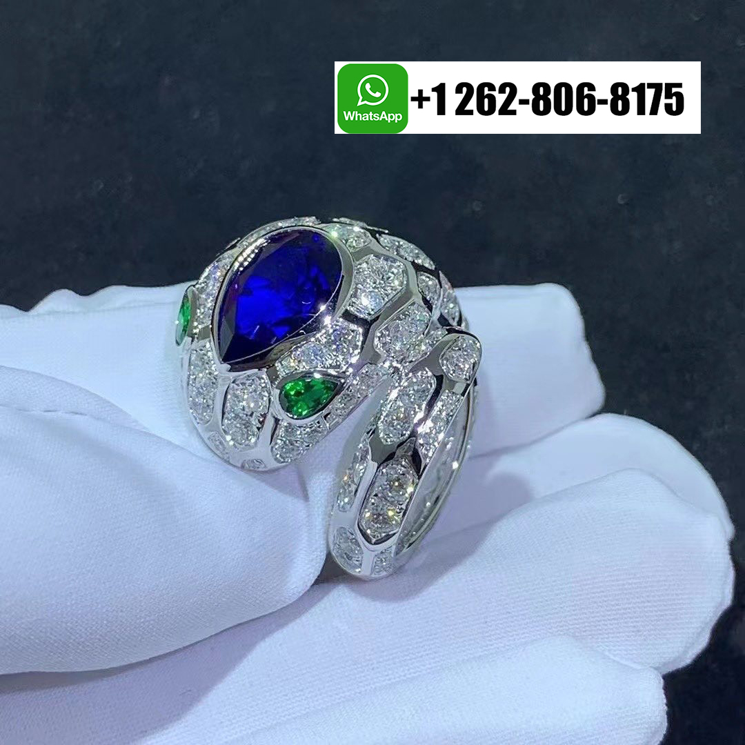 Bvlgari Serpenti Seduttori 18k White Gold Full Pavé Diamonds Ring with Emerald Eyes and Blue Sapphire 355334