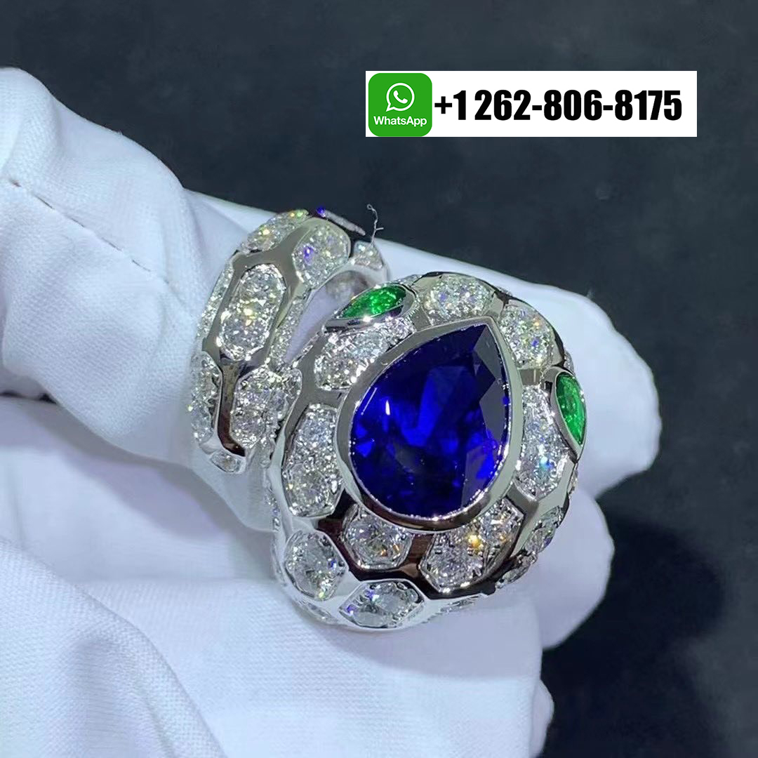 Bvlgari Serpenti Seduttori 18k White Gold Full Pavé Diamonds Ring with Emerald Eyes and Blue Sapphire 355334