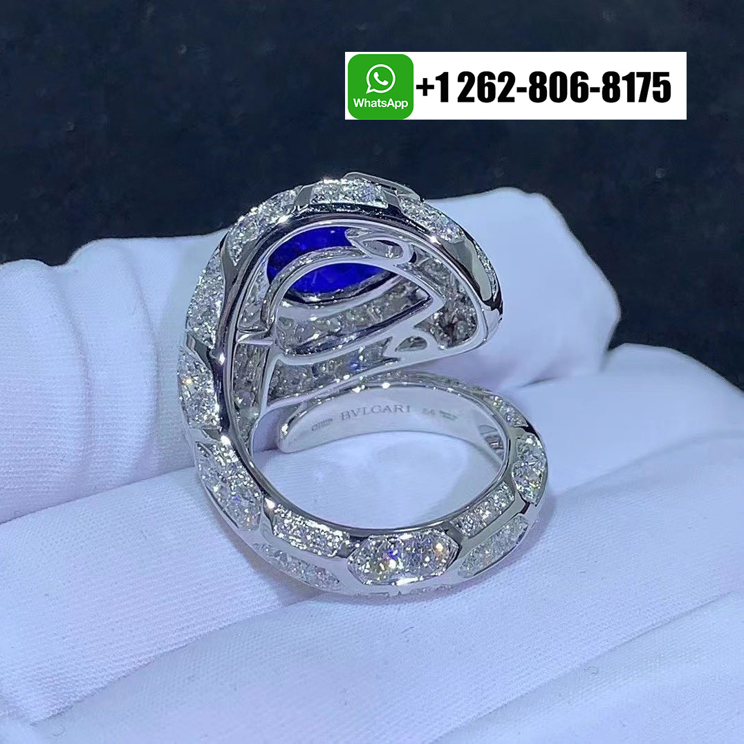Bvlgari Serpenti Seduttori 18k White Gold Full Pavé Diamonds Ring with Emerald Eyes and Blue Sapphire 355334