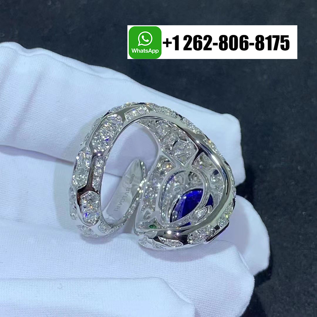 Bvlgari Serpenti Seduttori 18k White Gold Full Pavé Diamonds Ring with Emerald Eyes and Blue Sapphire 355334