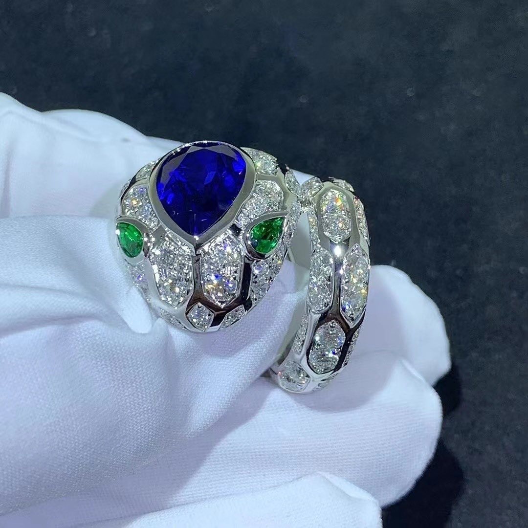 Bvlgari Serpenti Seduttori 18k White Gold Full Pavé Diamonds Ring with Emerald Eyes and Blue Sapphire 355334