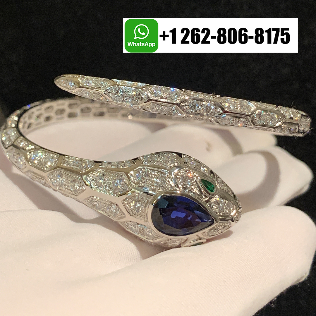 Bvlgari Serpenti Seduttori Full Pavé Diamonds Bracelet 18k White Gold with Emerald Eyes and Blue Sapphire