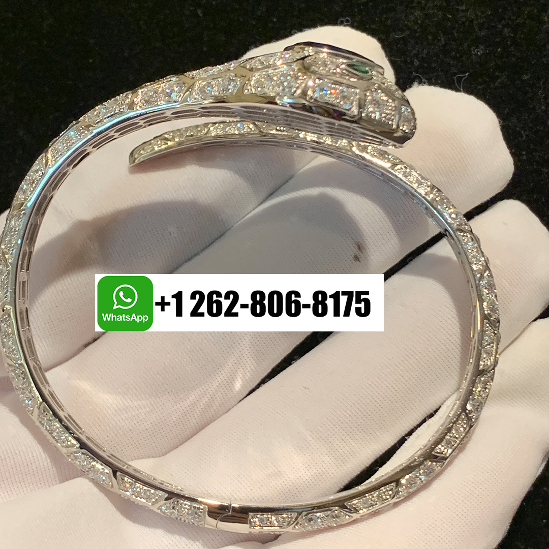 Bvlgari Serpenti Seduttori Full Pavé Diamonds Bracelet 18k White Gold with Emerald Eyes and Blue Sapphire