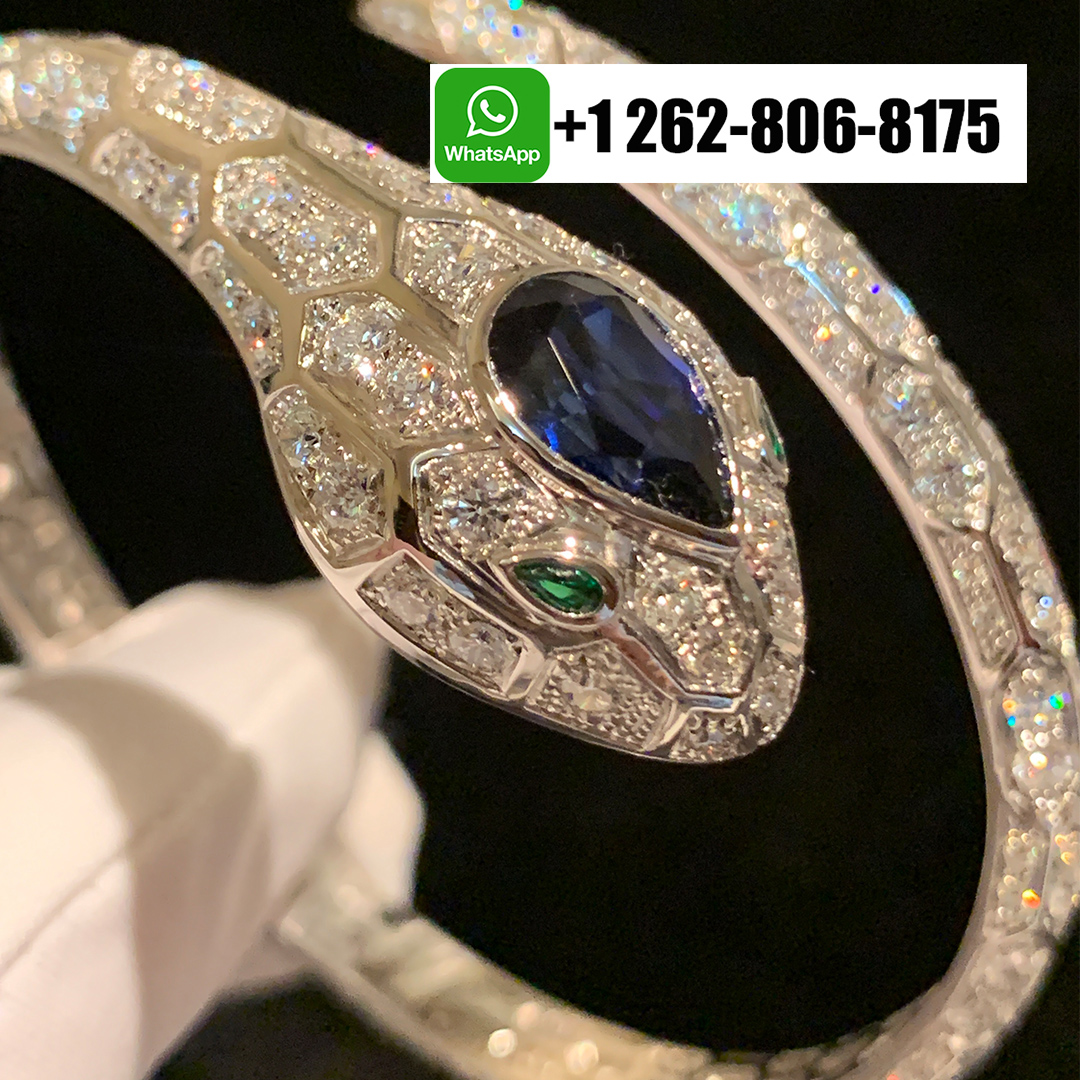 Bvlgari Serpenti Seduttori Full Pavé Diamonds Bracelet 18k White Gold with Emerald Eyes and Blue Sapphire