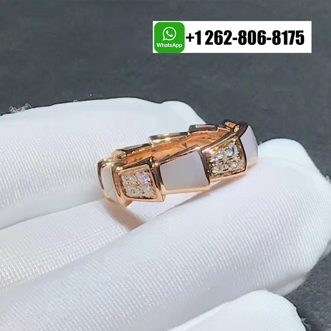Bvlgari Serpenti Viper 18k Rose Gold Thick Band Ring with Pavé Diamonds and Mother-of-pearl 353241