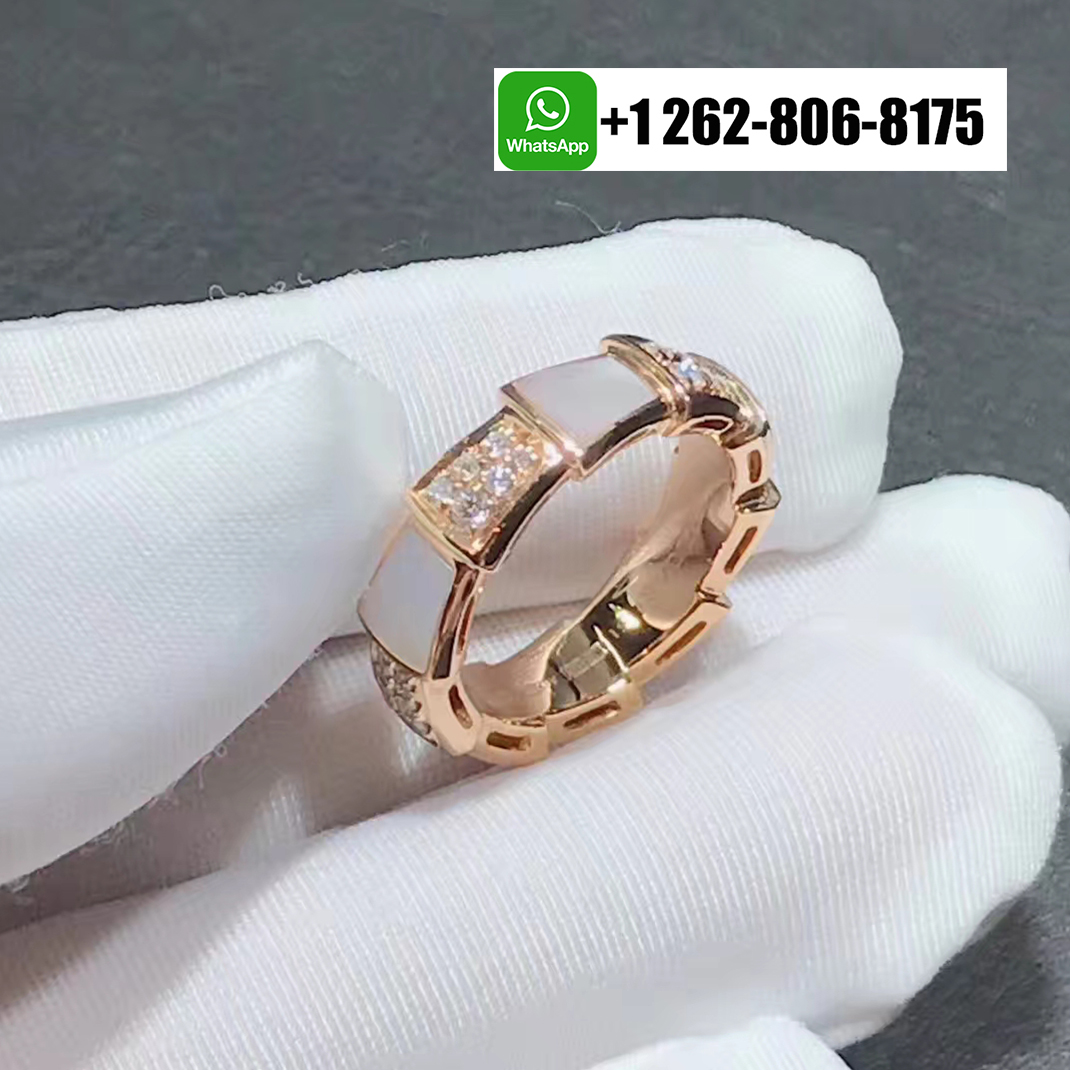 Bvlgari Serpenti Viper 18k Rose Gold Thick Band Ring with Pavé Diamonds and Mother-of-pearl 353241