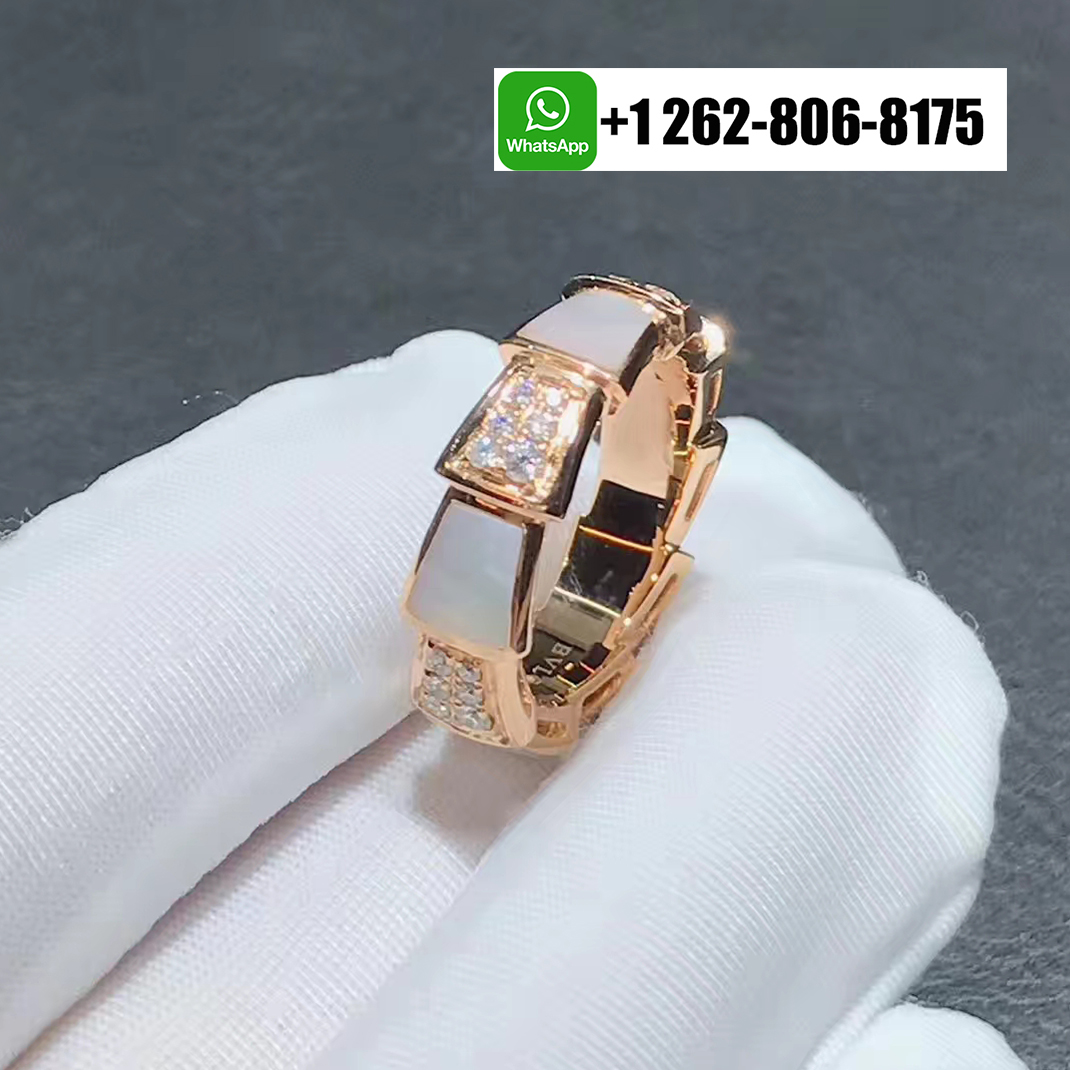 Bvlgari Serpenti Viper 18k Rose Gold Thick Band Ring with Pavé Diamonds and Mother-of-pearl 353241