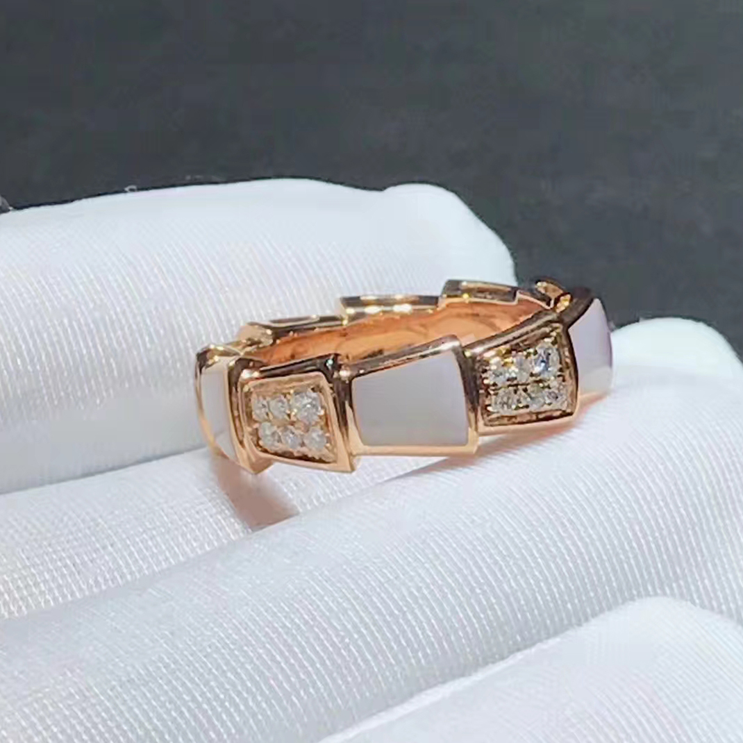 Bvlgari Serpenti Viper 18k Rose Gold Thick Band Ring with Pavé Diamonds and Mother-of-pearl 353241