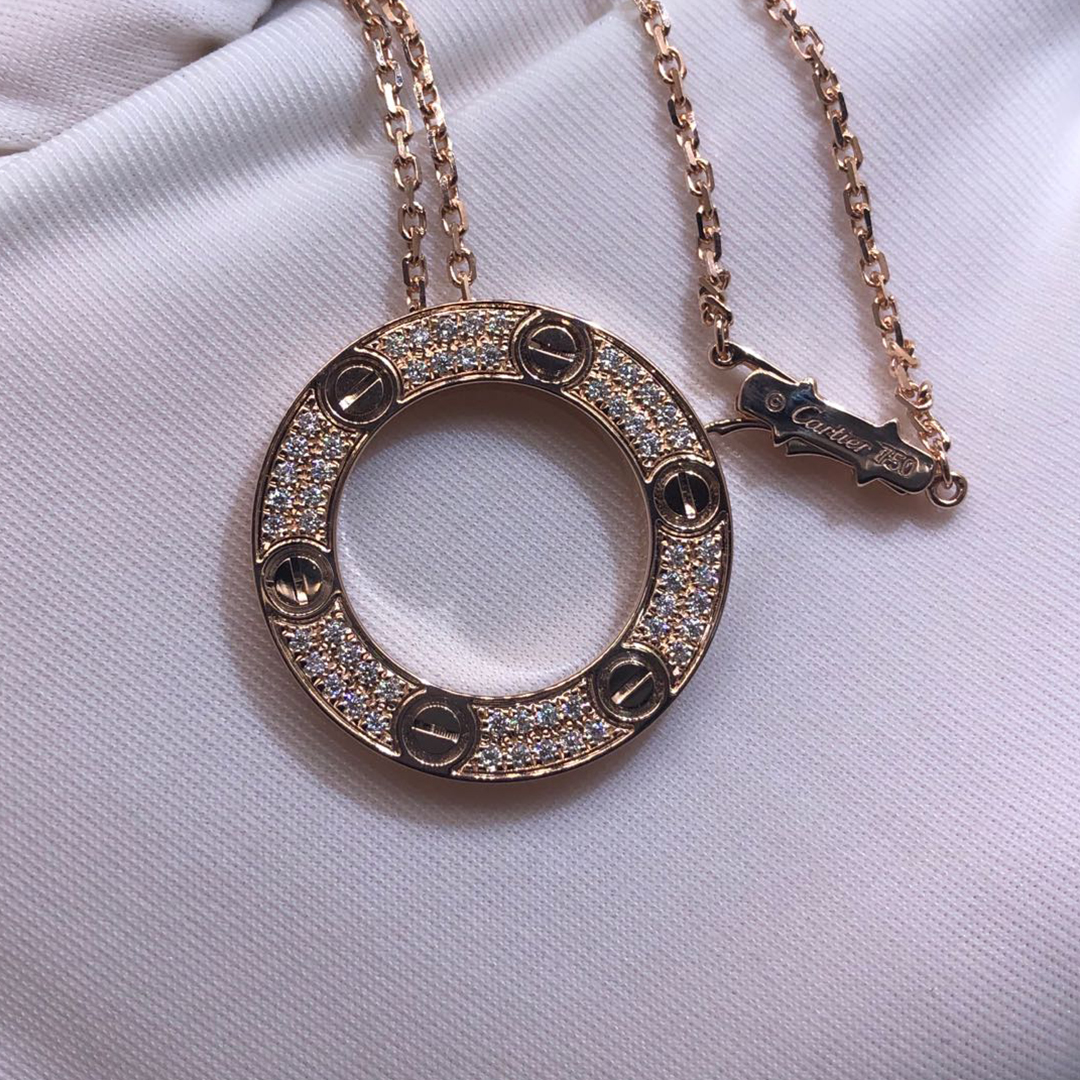 Cartier LOVE Full Pave Diamonds 18k Rose Gold Pendant Necklace B7224527