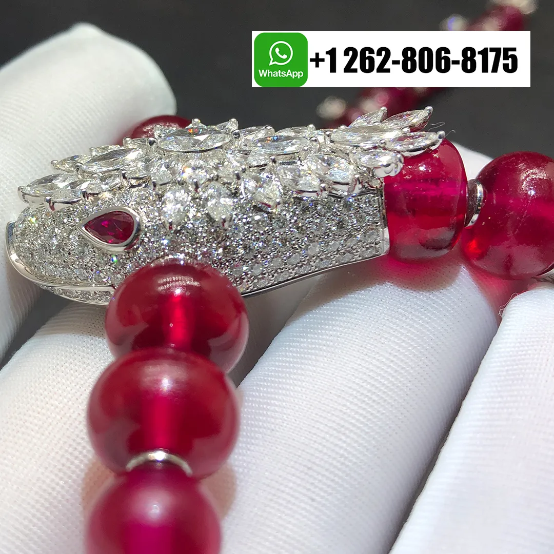 Bvlgari Serpenti High Jewelry Necklace with Rubellite Beads, Diamond and Ruby Eyes 18k White Gold