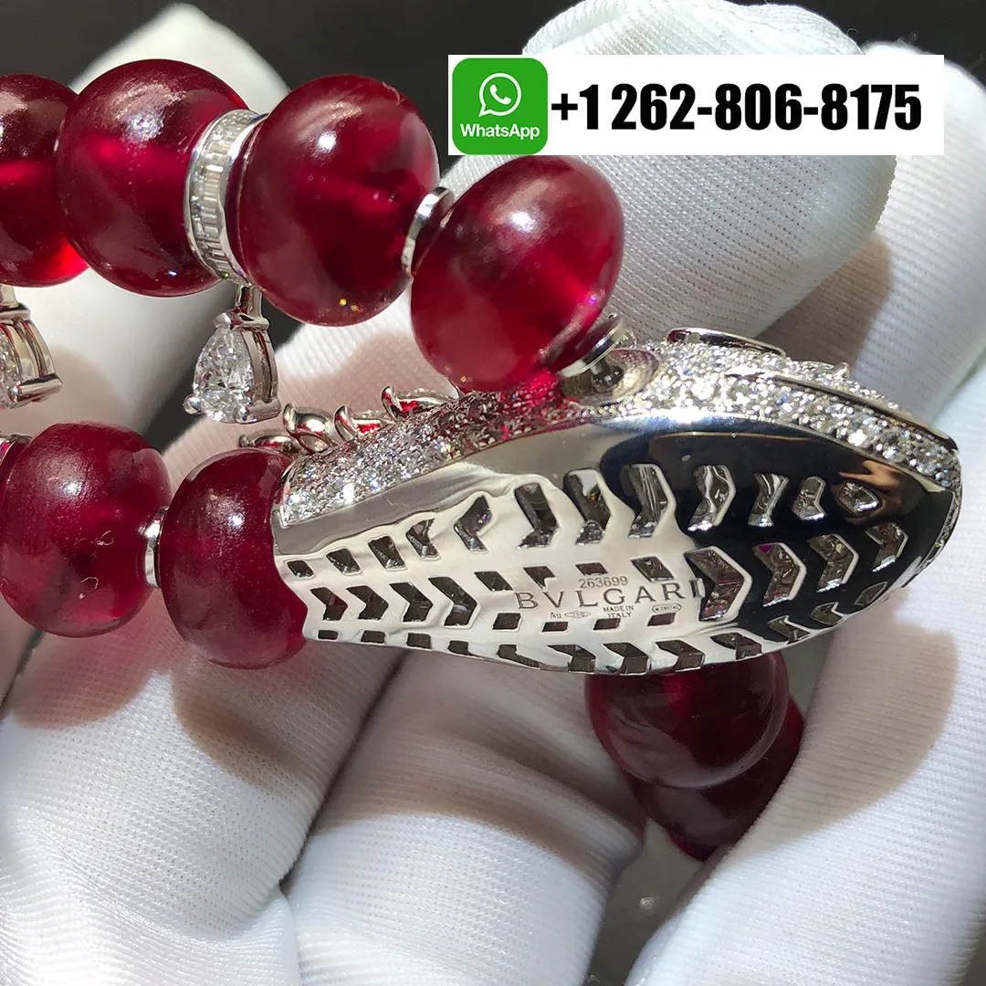 Bvlgari Serpenti High Jewelry Necklace with Rubellite Beads, Diamond and Ruby Eyes 18k White Gold