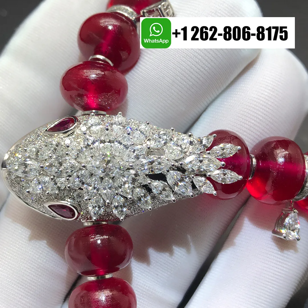 Bvlgari Serpenti High Jewelry Necklace with Rubellite Beads, Diamond and Ruby Eyes 18k White Gold