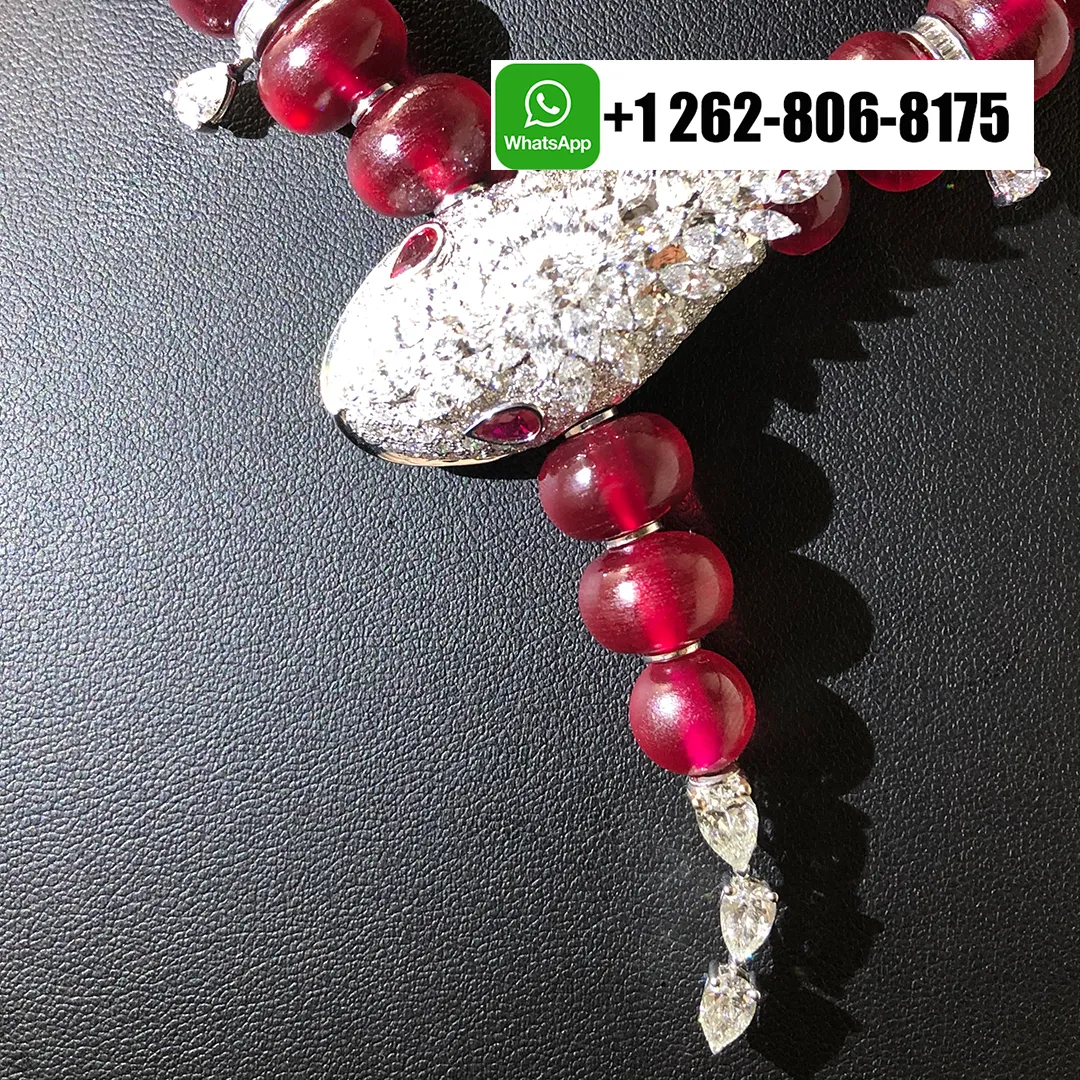 Bvlgari Serpenti High Jewelry Necklace with Rubellite Beads, Diamond and Ruby Eyes 18k White Gold