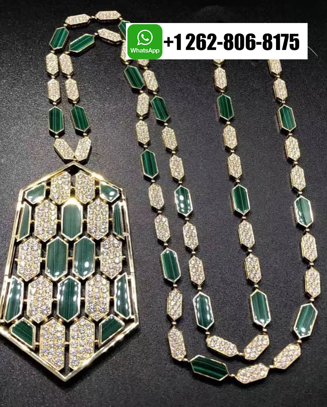 Bvlgari Serpenti High Jewelry Pendant Necklace 18k Rose Gold Pave Diamonds and Malachite