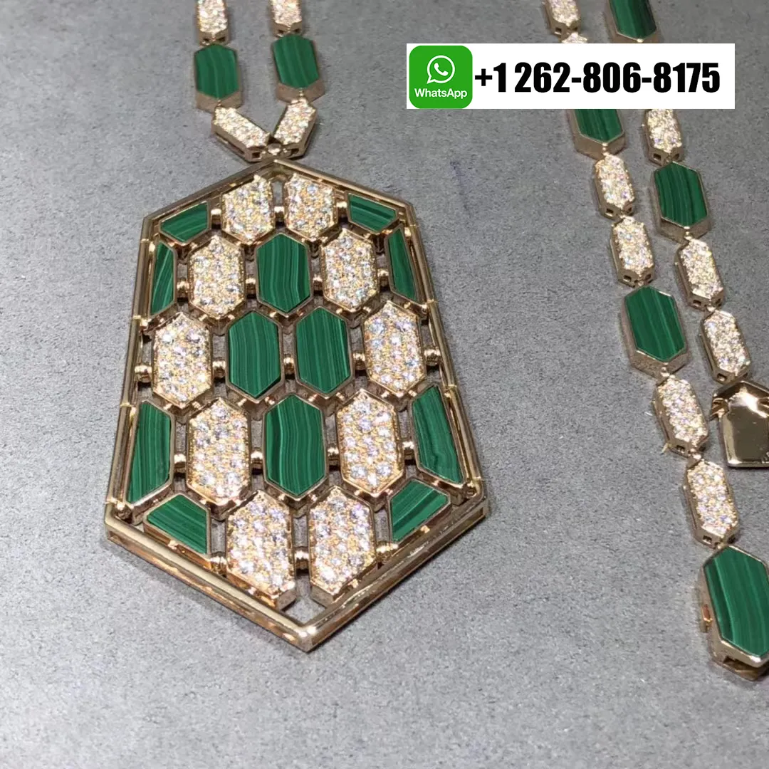 Bvlgari Serpenti High Jewelry Pendant Necklace 18k Rose Gold Pave Diamonds and Malachite