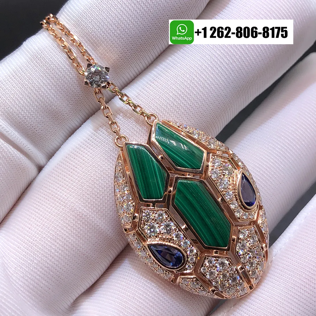 Bvlgari Serpenti Seduttori 18K Rose Gold Necklace with Diamond, Malachite and Blue Sapphire 356782