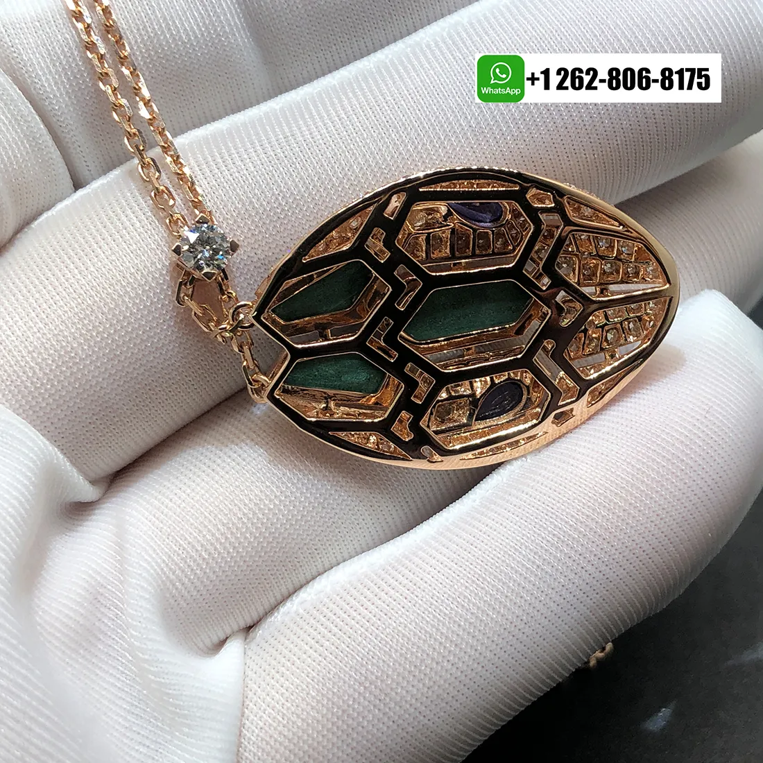 Bvlgari Serpenti Seduttori 18K Rose Gold Necklace with Diamond, Malachite and Blue Sapphire 356782