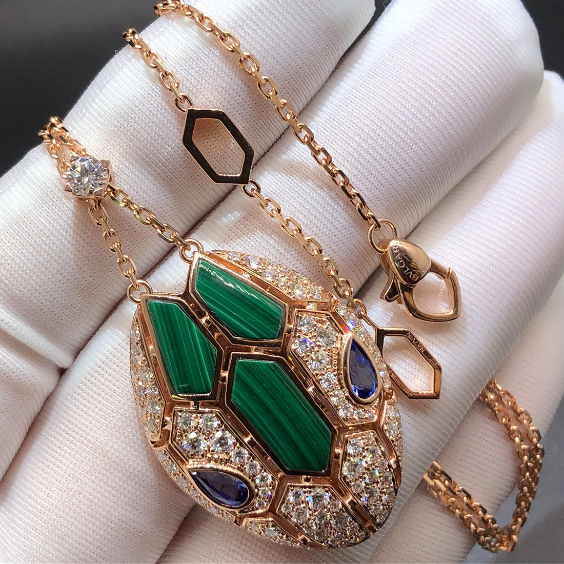 Bvlgari Serpenti Seduttori 18K Rose Gold Necklace with Diamond, Malachite and Blue Sapphire 356782
